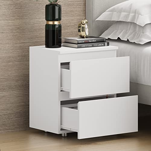 Image of Nightstand with 2 Drawers, Modern Bedroom End Table with No Handle, Wooden Bedside Storage Cabinet, White 15.7 inch W x 18.9 inch H