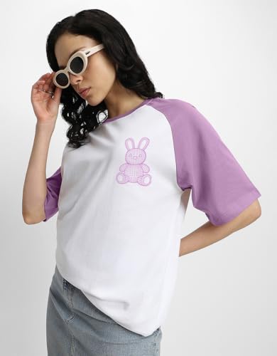 Image of JUNEBERRY 100% Pure Cotton Oversized Baggy Fit Drop Shoulder Round Neck Graphic Printed Raglan Sleeve T-Shirt for Women (Sizes: S to 2XL)