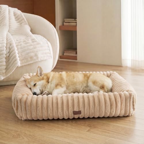 Image of Bedsure ComfyFleece Cute Dog Bed Medium Large Size Dog，33in Sandy Beige