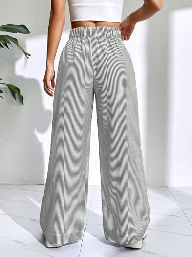 Women's Elastic High Waist Pocket Front Striped Print Wide Leg Pants3