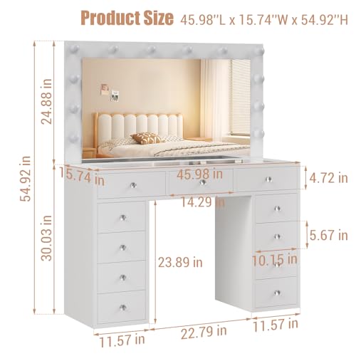 Vanity Desk with Power Outlet, 11 Drawers Makeup Vanity with Mirror and 12 LED Lights, 3 Lighting Modes, Glass Top Vanity