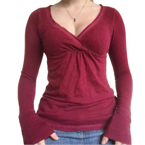 Tsultryofs Y2k Grunge Aesthetic Clothes for Women Long Sleeve V-Neck T Shirts Vintage Fall Top Harajuku Streetwear