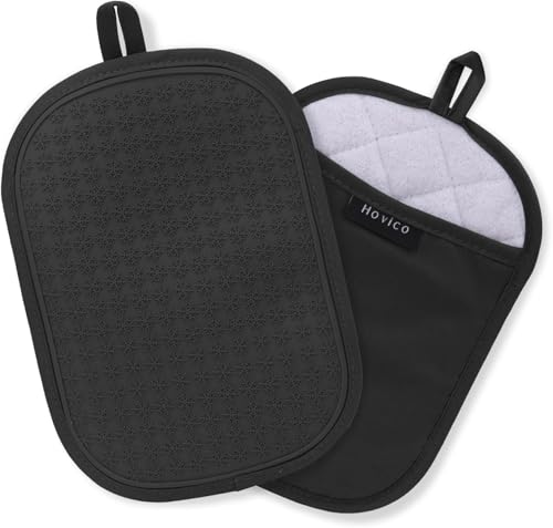 2 Stück Silikon Topflappen, hitzebeständige Topflappen mit Taschen, rutschfeste Topflappen zum Backen und Kochen in der Küche, 24,9 x 17,8 cm, Innenfutter aus Handtuchstoff - Schwarz 2 Stück Silikon Topflappen, hitzebeständige Topflappen mit Taschen, rutschfeste Topflappen zum Backen und Kochen in der Küche, 24,9 x 17,8 cm, Innenfutter aus Handtuchstoff - Schwarz