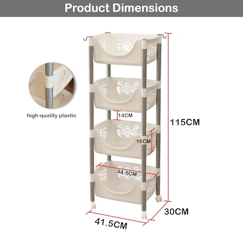 Image of Lukzer 4 Tier Plastic Rolling Cart Trolley Stand Multipurpose Fruits & Vegetable Storage Basket Rack with Wheels Slim Space-Saving Organizer for Kitchen Home Bathroom Office-White 115x30x41.5cm CH-138