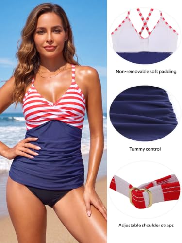 Image of RELLECIGA Women's Tummy Control Tankini Top | V Neck,Front Twist,Ruched,Push Up Molded Cup,Fully Lined,Adjustable Shoulders,Crossback,Modest Bathing Suit Top
