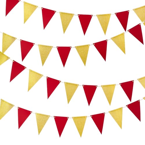 Image of MOWO Gold Red Pennant Banner Paper Bunting, 30pc, 20 feet | Birthday Graduation Retirement wedding new year valentines day Hanging Decoration
