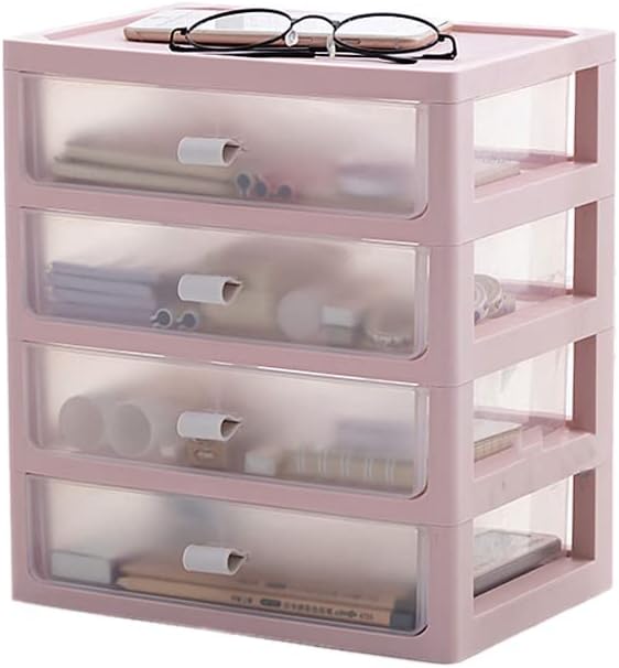 Plastic Storage Drawers Mini Desktop Tower Pink Unit Storage Cabinet Stackable Drawer Box,Multi-Function Storage Caddy Drawers for Desk Bathroom Office, Makeup Accessories, L26 x W18 x H29 cm