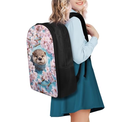 Cherry Blossom Otter Backpack with Lunch Box for Boys 8-12 Book Bag Lunch Bag Girls Bookbag Set Age 10-12 Kids School Bag with Lunchbox Water Bottle Sleeve Pencil Case 4 In 12