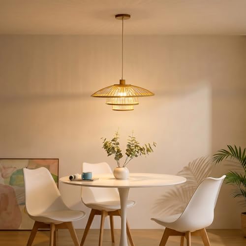 Image of Pendant Light, Bamboo Boho Hanging Light with Adjustable Height | For Kitchen Islands, Dining Rooms, Bedrooms, Entryways, 20'' Handwoven Lampshade, E26 Socket (Bulb Included)