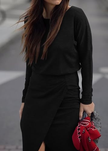 KIRUNDO Fall Dresses for Women 2025 Long Sleeve Boat Neck Wrap Ruched Elastic Waist Casual Knit Maxi Dress with Slit4