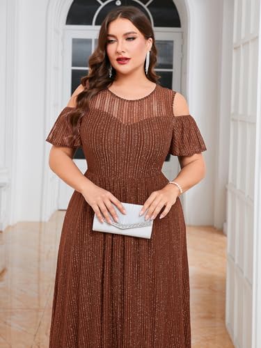 Image of ZOMVA Plus Size Sparkly Mesh Maxi Dress Cold Shoulder Ruffle Sleeve High Low A Line Dresses Wedding Guest Cocktail Party