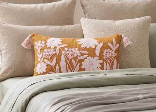 Image of Furnistitchs Boho Rectangle Cushion Cover 12x20 inches | Handmade Decorative Throw Pillow Case | Bohemian Home Decor Sofa Bed Cushion Cover Living Room Bedroom (1, Yellow Floret, 12x20 inches)