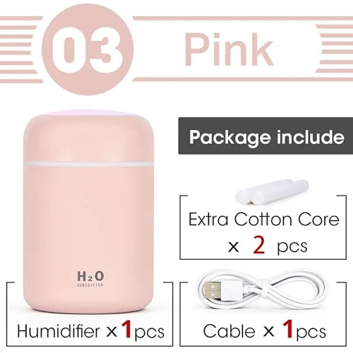 Image of Portable Mini Humidifier, Colorful, Cool Mist, USB Powered. Perfect for Bedroom, Office & Car (300ml, Pink)