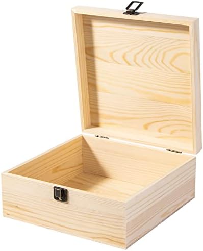 Useekoo Unfinished Wooden Storage Box with Hinged Lid, 9.1'' x 9.1'' x 3.9'' Large Keepsake Box, Rustic Wood Gift Boxes for Jewelry, Art Hobbies, DIY lovers and Valentine's Day Decorations