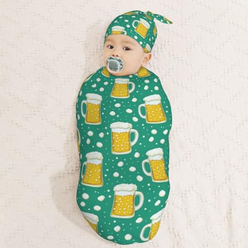 Image of Cartoon Beer Mugs Newborn Swaddle Blankets Hat Sets Soft Baby Receiving Blanket Swaddle Sack for Baby Shower Infant Boy Girl Gift