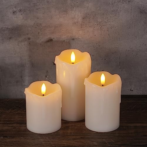 Image of Homemory Dripping Wax Flameless LED Pillar Candles, Battery Operated with Remote Control and Timer, Set of 3, 5 inch H x 4 inch W x 6 inch D