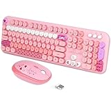 Wireless Keyboard and Mouse Combo, 104 Round Keys Full-Size Cute Colorful Pink Cordless Keyboard and Mouse with Retro Typewriter for PC/Mac/Laptop/Tablet/Computer/Windows Pink