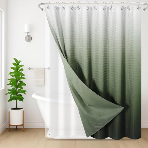 Nesphy Shower Curtain and Liner, Ombre Green Modern 3 in 1 Shower Curtain and PEVA Liner Set with 12...
