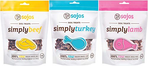 Sojos 100% Raw Freeze-Dried Meat Treats For Dogs 3 Flavor Variety Bundle: (1) Sojos Simply Beef 100% Raw Freeze-Dried Beef Treats, (1) Sojos Simply Lamb 100% Raw Freeze-Dried Lamb Treats, and (1) Sojos Simply Turkey 100% Raw Freeze-Dried Turkey Treat