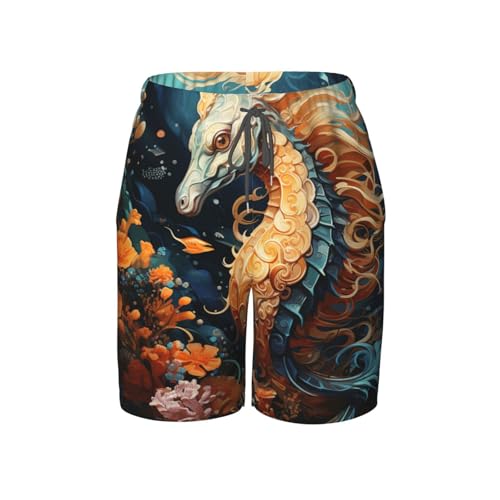 Boys Beach Board Shorts Swim Trunks Teen Kids Quick Dry Bathing Suits, Sea Horse Hippocampus Seahorse Art