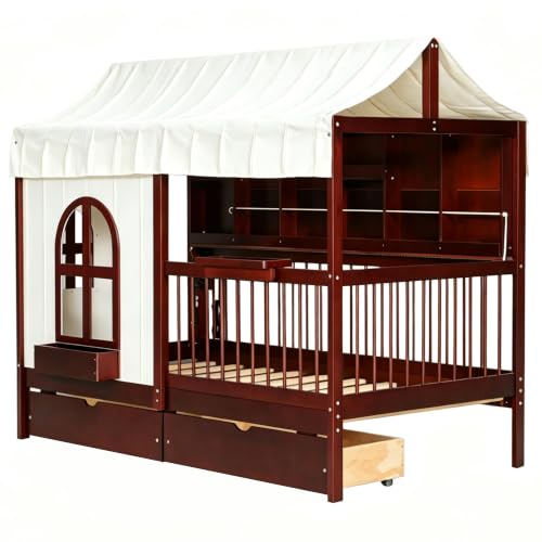 Image of House Bed with Tent and Bookshelf, 2 Drawers, USB Charging