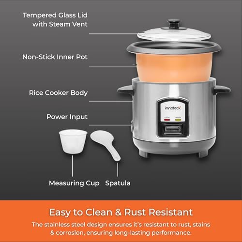 Innoteck Kitchen Pro Stainless Steel Rice Cooker - Removable Non-Stick Bowl - Cook & Warm Function With Indicator Light - Automatic Cooking - Electric Cooker with Measuring Cup & Spatula - 0.8L - 350W - Image 4