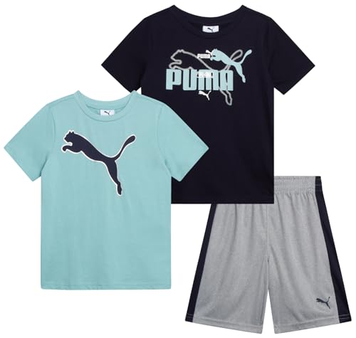 Image of PUMA Little Boys 3 Piece Active T-Shirt Performance Shorts Set (Sizes 2T-7) | Soft Breathable Cotton Blend, Comfortable Active Fit, Short Sleeve Crewneck, Great for Play & Everyday Youth Wear