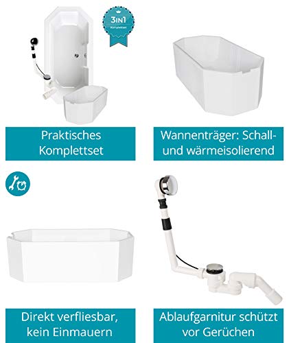 Calmwaters® Achteck Badewanne Komplettset 180 x 90 cm mit Wannenträger & Ablaufgarnitur, Acrylwanne Exclusive, Duowanne für Zwei, Badewannenset komplett 180x90, 8-Eck-Badewanne Weiß, 99000164 – Bild 5
