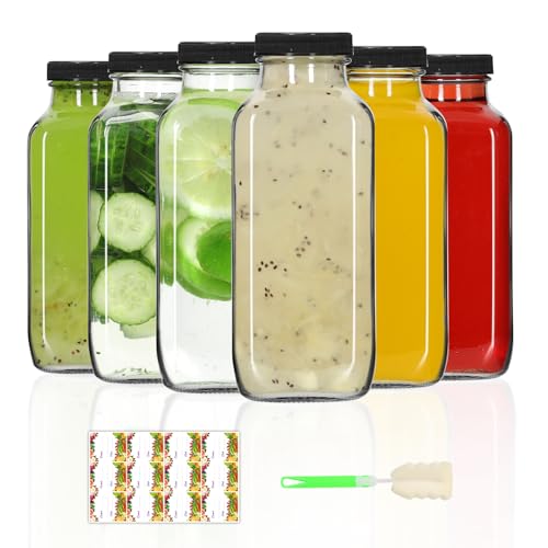 AuroTrends 6-Pack 12oz Glass Bottles w Lids for Juicing Smoothies & Cold
