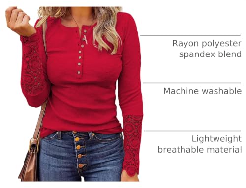 Image of Kancystore Women's Fall Long Sleeve Tops Lace V Neck Button Down Henley Shirts Tunic Blouses