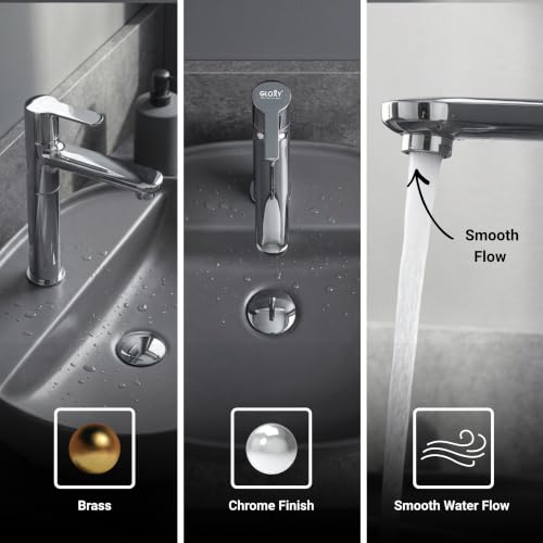 Image of GLOXY Premium Brass 30CM (12INCH) High Neck Chrome Finished Long Pillar Tap with Lotus Lever Combo Pack of 3 - Deck Mount Long Neck Faucet for Wash Basin & Kitchen Sinks - 10 Years Warranty