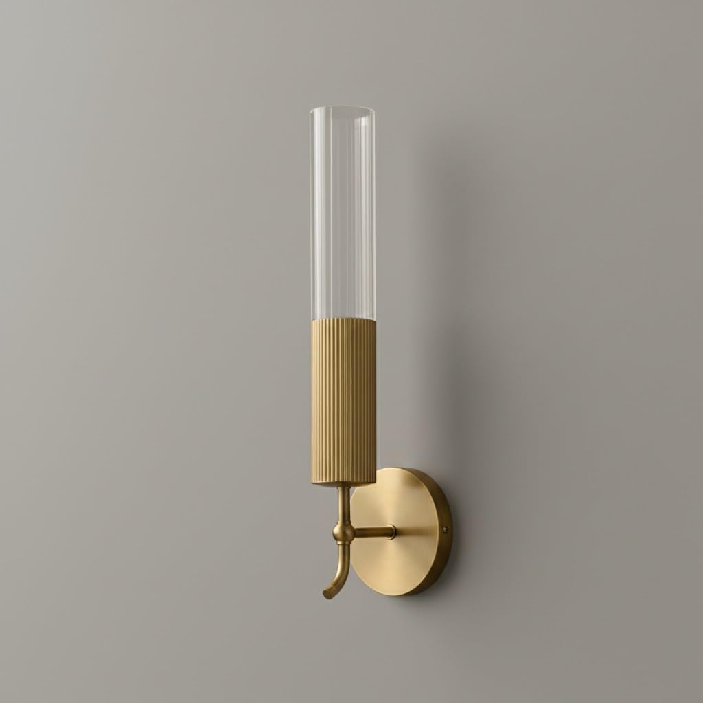 IvyLoutish Upscale Solid Brass Wall Sconce, Contemporary Tall Fluted Clear Acrylic Cylinder Wall Lamp, Elegant Hardwired LED Light Fixture for Bedroom, Living Room, Hallway, Entryway, Stairwell Decor
