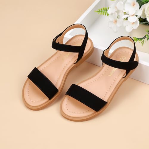 Image of PANDANINJIA Girls Sandals Open Toe Summer Flats Dress Shoes | Toddler /Little /Big Kid, Flower Girl, Lightweight Cushioned, Hook and Loop, Breathable Insole, Wedding, Party