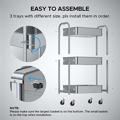Image of MAX Houser 3-Tier Rolling Utility Cart with Caster Wheels,Easy Assembly, for Kitchen, Bathroom (Silvery-Grey) (Pack of 3)