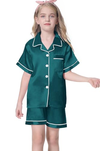 Image of Umeyda Women & Girls Pajamas Set, 2 Piece PJS Satin Silk Sleepwear Button-Down Top with Shorts for Mom Kids Gifts
