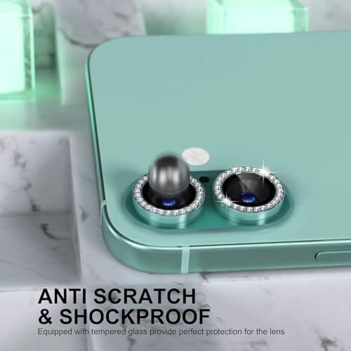 Image of Diamond Camera Lens Protector for iPhone 16 & iPhone 16 Plus Green HD Clear 9H Hard Tempered Glass Camera Cover Waterproof Easy Install Full Camera Protection Anti Drop Case Friendly Luxury Shiny Diamond Design