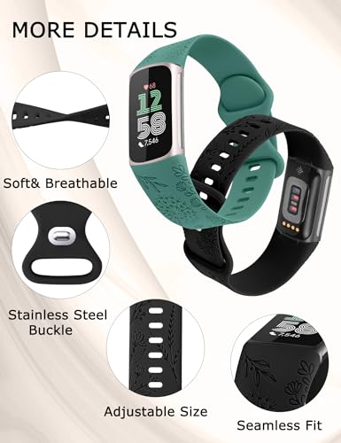 TOYOUTHS 3 Packs Floral Engraved Compatible with Fitbit Charge 5/Charge 6 Strap for Women Soft Waterproof Silicone Sport Band with Cute Dandelion Flower Pattern - Image 4