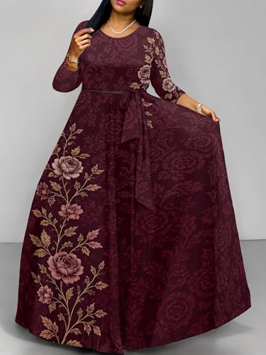 Image of PinkPatty Women's Long Sleeve Maxi Dress Plus Size Trendy Wedding Guest Dress with Pockets&Belt