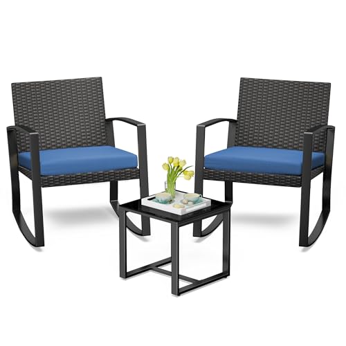 Bealife Conjunto de Muebles de Jardín para 2 Personas, Juego de 3 Piezas de Ratán Sintético Impermeable con Cojines, Mesa y Sillas para Terraza, Balcón, Patio, Porche, Piscina (Azul)