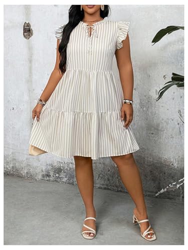 Image of Floerns Women's Plus Size Striped Tie Neck Dress Ruffle Cap Sleeve Short Tiered Dresses