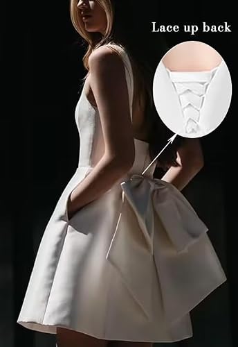 Wirunsy Satin Mini Wedding Dress for Bride with Big Bow Simple Bridal Gown Sqaure Neck A Line Formal Dress for Wedding with Pockets White 14 - Thumbnail 3