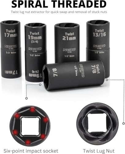 Image of NEIKO 02340A Twist Socket Set, 6 Pc Lug Nut Extractor, SAE & Metric, 1 /2 Inch Dr. Impact Flip, 6 Point, CR-Mo Steel Wheel, 3 inch Impact Extension Bar, Black