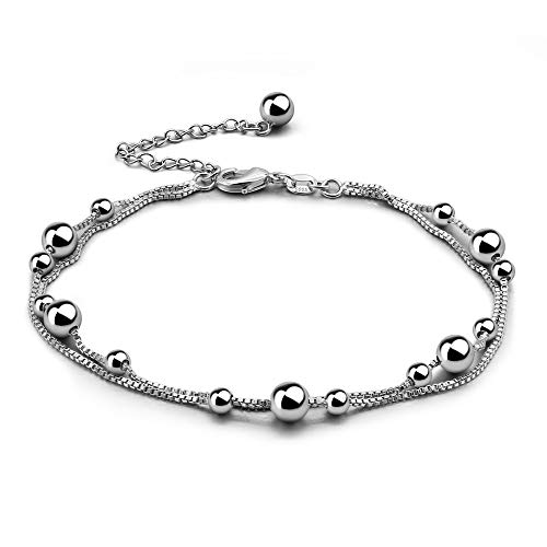 Dankadi Bracelet de Cheville avec Perles en 925 Argent 2 en 1, Double Chaînes à Maillons des Boules Simple Classique 28CM Bohèm Bijoux de Pied Été Plage...