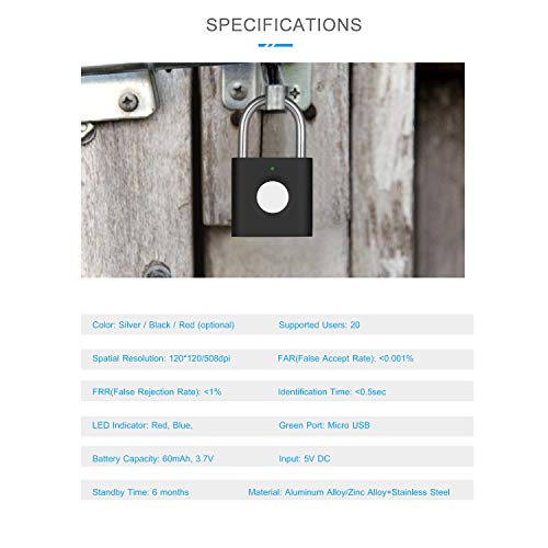 Ajcoflt Cadeado de impressão digital inteligente de alta segurança 20 usuários suportados Longa vida