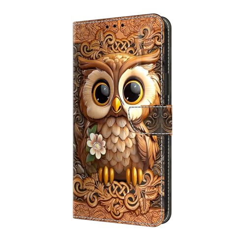 Étui Google Pixel 10 avec portefeuille cuir et clapet magnétique motif chouette bronze