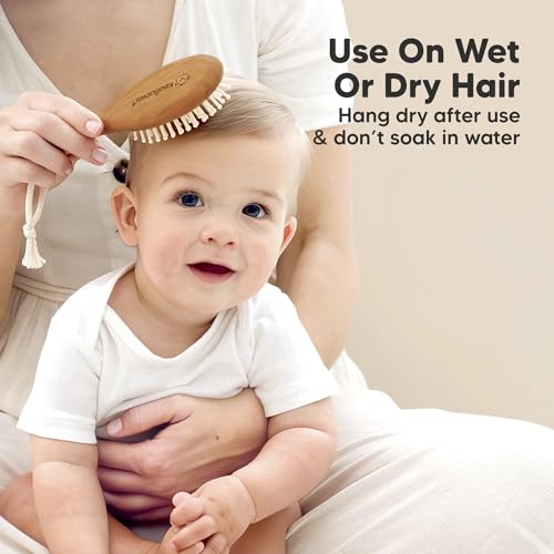 Image of Wooden Baby Hair Brush Set for Newborns, Toddler Comb (Golden Oak, Regular) | Soft Goat Bristle, Baby Brush and Comb Set, Infant Grooming Kit, Cradle Cap Care, Durable & Gentle, Boy, Girl Bath Essential