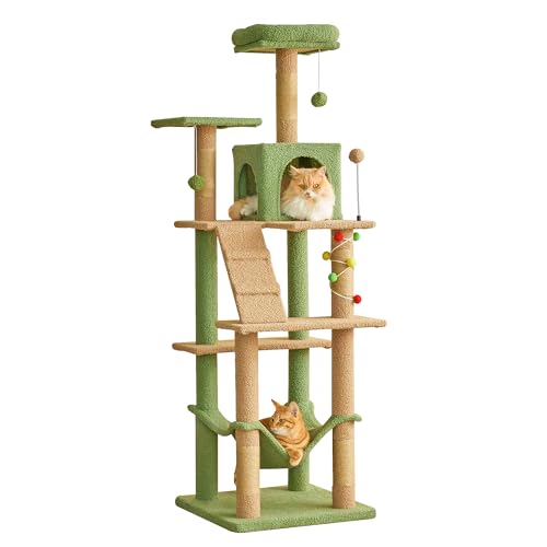 MWPO 63.8 Inches Green Cat Tree for Indoor Cats Multi-Level Cat Tower with Sisal-Covered Scratching Posts Padded Platform Hammock Dangling Toys Stable Cat Condo Pet Play House