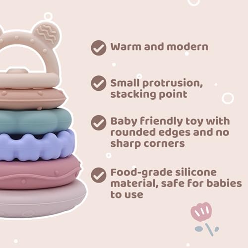 Image of Baby Silicone Stacking Toys,Soft Teething Bear Learning Toy for 6M+,Pink | Sensory Toys for Highchair,Bear Teether & Stacker Rings Toy,Baby Table Toys,Food Grade Silicon Toy,Baby Shower Gifts