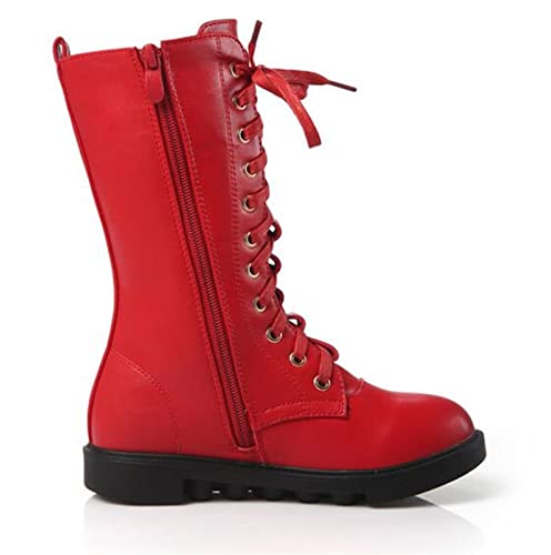 DADAWEN Kid's Girls Leather Lace-Up Zipper Mid Calf Combat Riding Winter Boots (Toddler/Little Kid/Big Kid)4