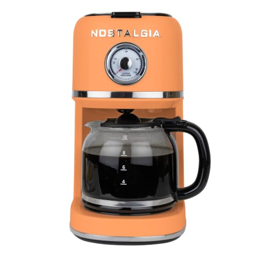 Image of Nostalgia Classic Retro 10 Cup Coffee Maker - One-Touch Drip Brew, Reusable Filter - Anti-Drip, Auto Shutoff, & Time Display - Dishwasher Safe 50 oz Carafe - Orange